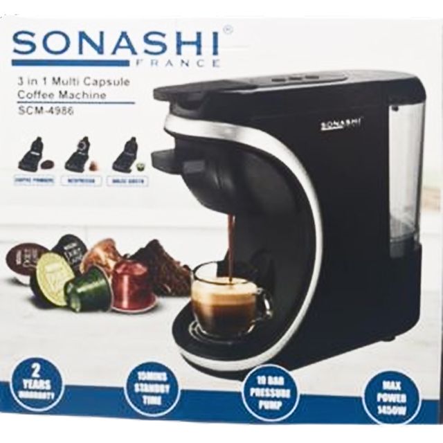 SONASHI COFFEE MAKER 3 en1( les capsules Nespresso, Dolce Gusto et le café moulu) et 19 bars SCM-4986